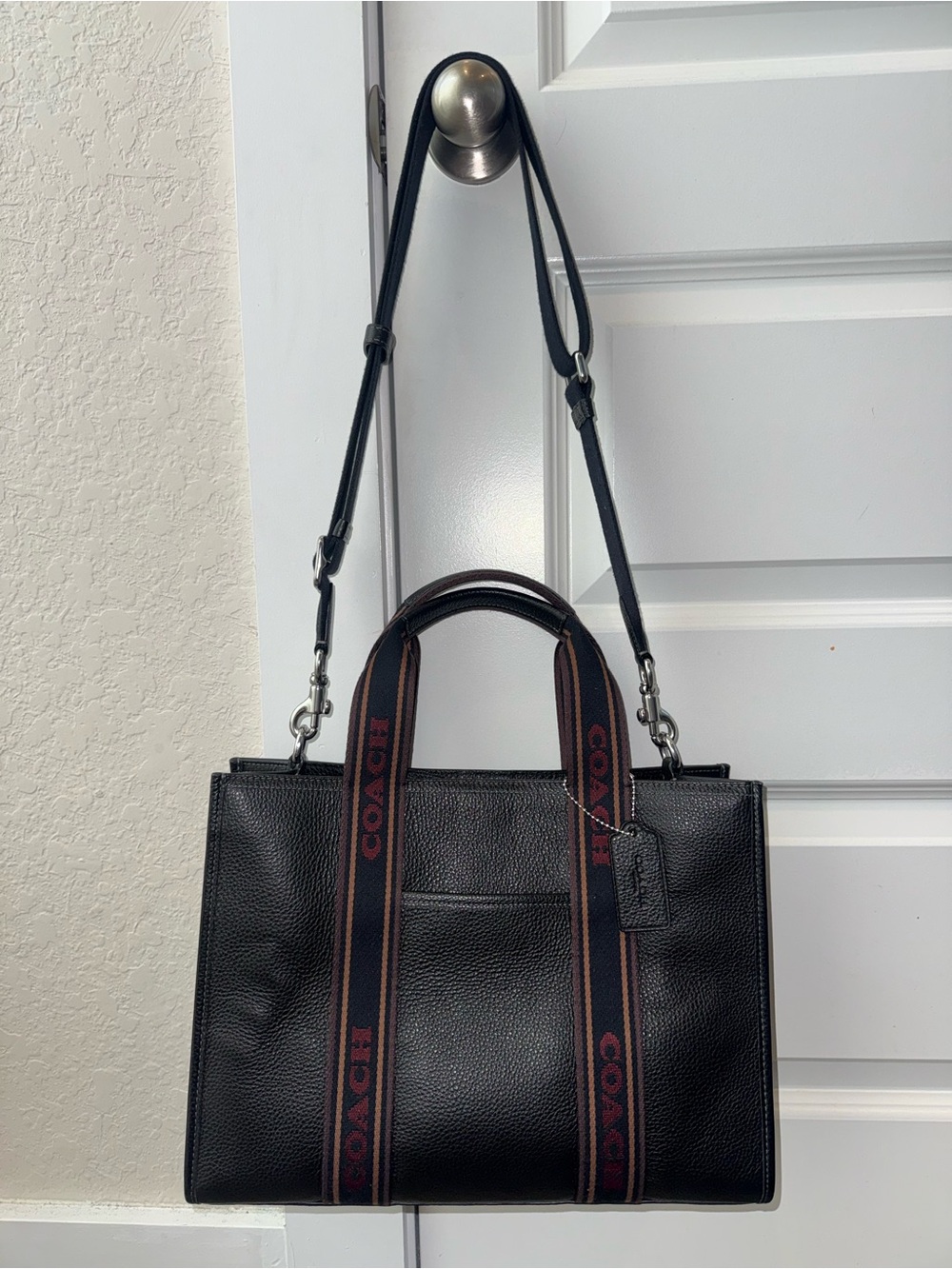 Coach Black Pebbled Leather Brief Tote with Branded Brown & Red Webbing